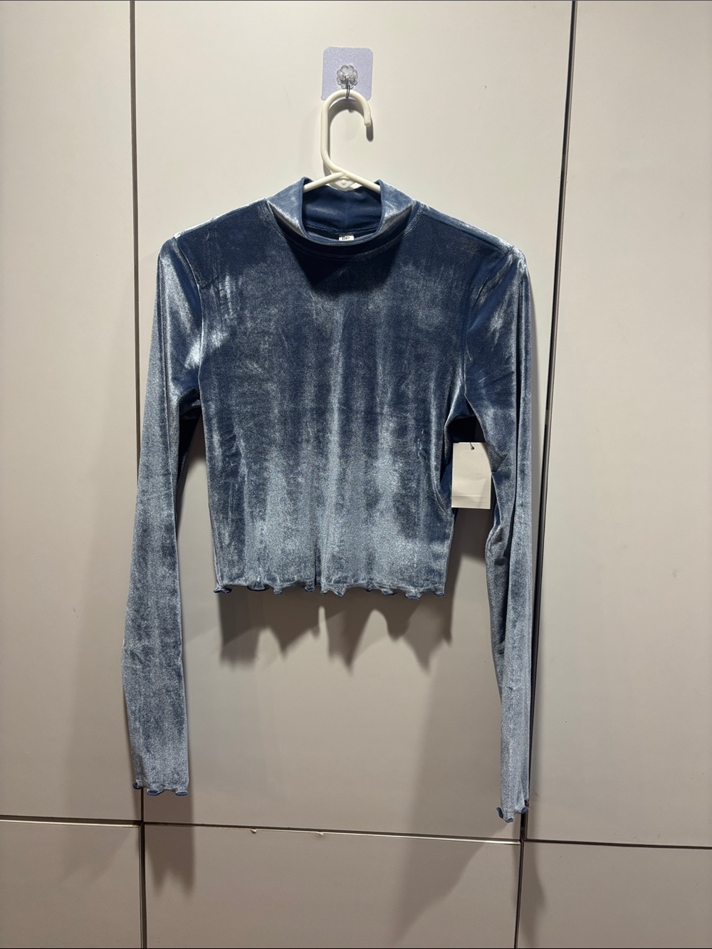 bp Velvet Mock Neck‎ Long-Sleeve Crop Top - Blue